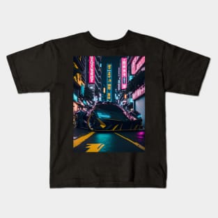 Dark Neon Sports Car in Japanese Neon City Kids T-Shirt